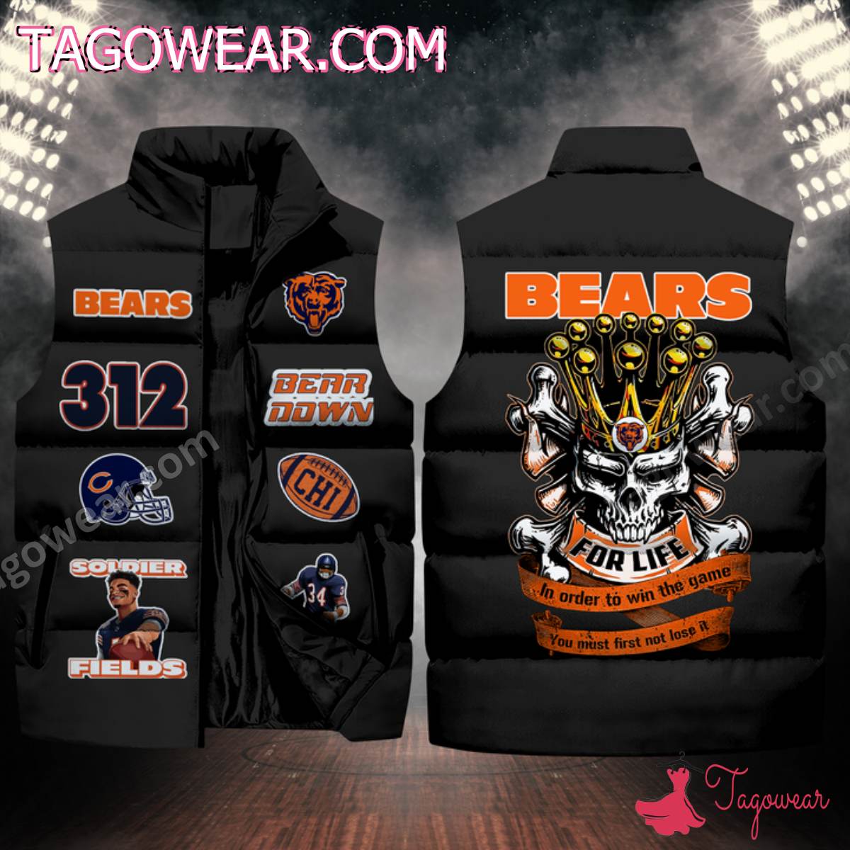 NFL Chicago Bears Skull For Life In Order To Win The Game Puffer Sleeveless Jacket