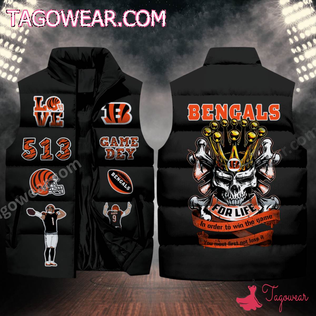NFL Cincinnati Bengals Skull For Life In Order To Win The Game Puffer Sleeveless Jacket