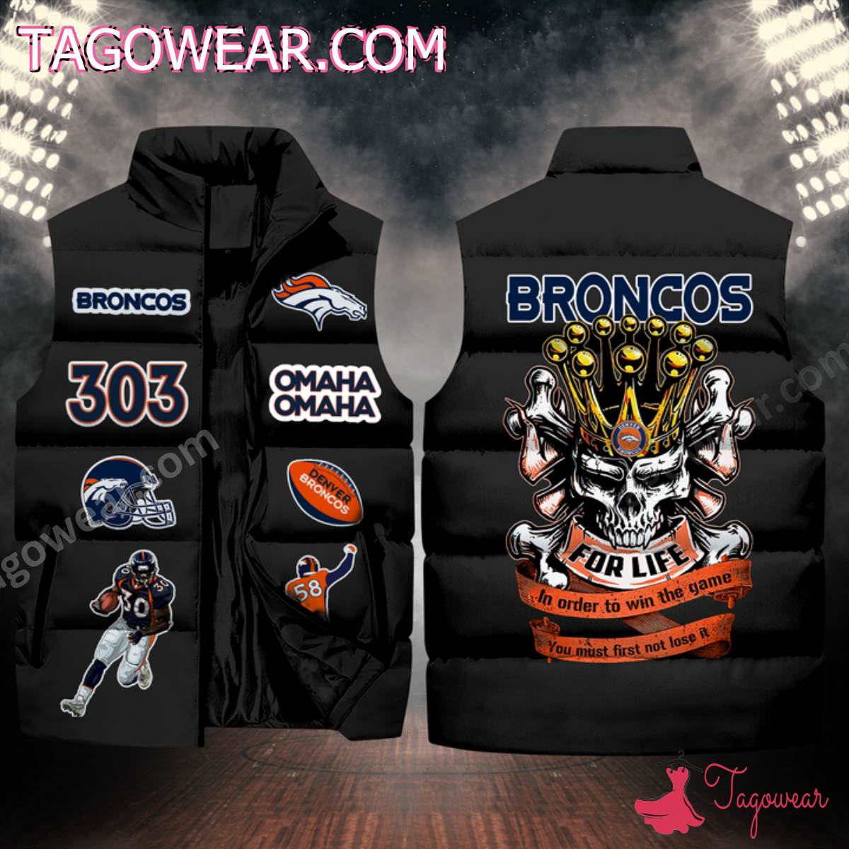 NFL Denver Broncos Skull For Life In Order To Win The Game Puffer Sleeveless Jacket