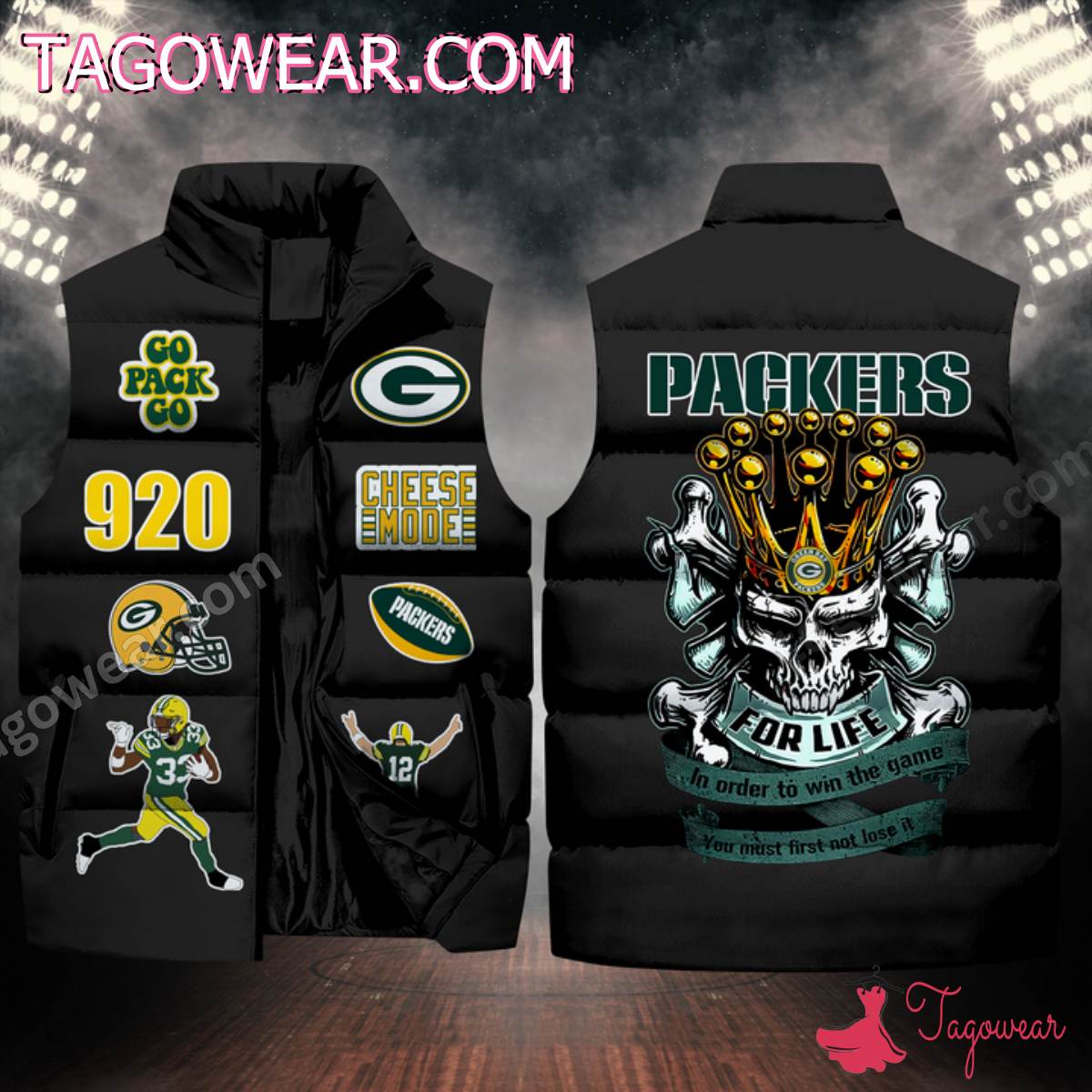 NFL Green Bay Packers Skull For Life In Order To Win The Game Puffer Sleeveless Jacket