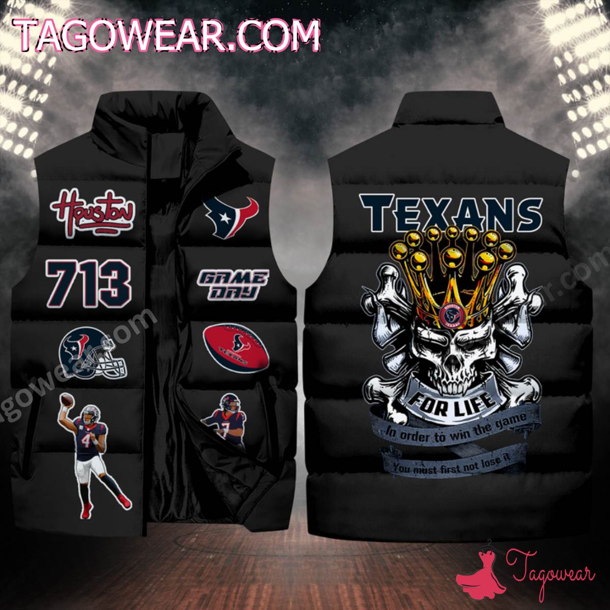 NFL Houston Texans Skull For Life In Order To Win The Game Puffer Sleeveless Jacket