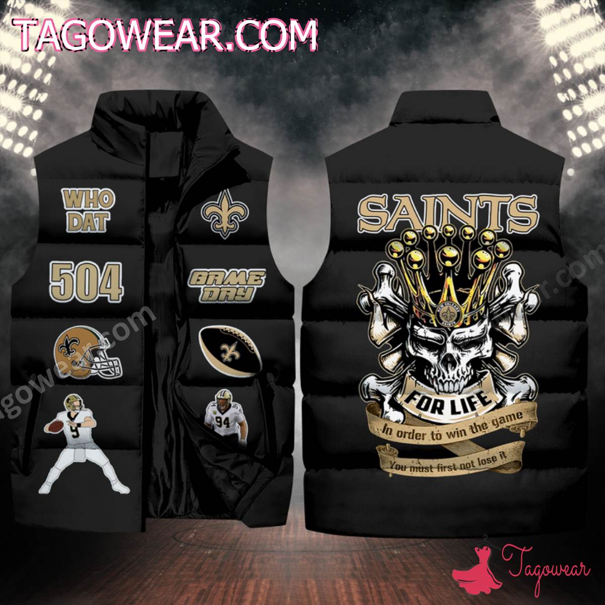 NFL New Orleans Saints Skull For Life In Order To Win The Game Puffer Sleeveless Jacket