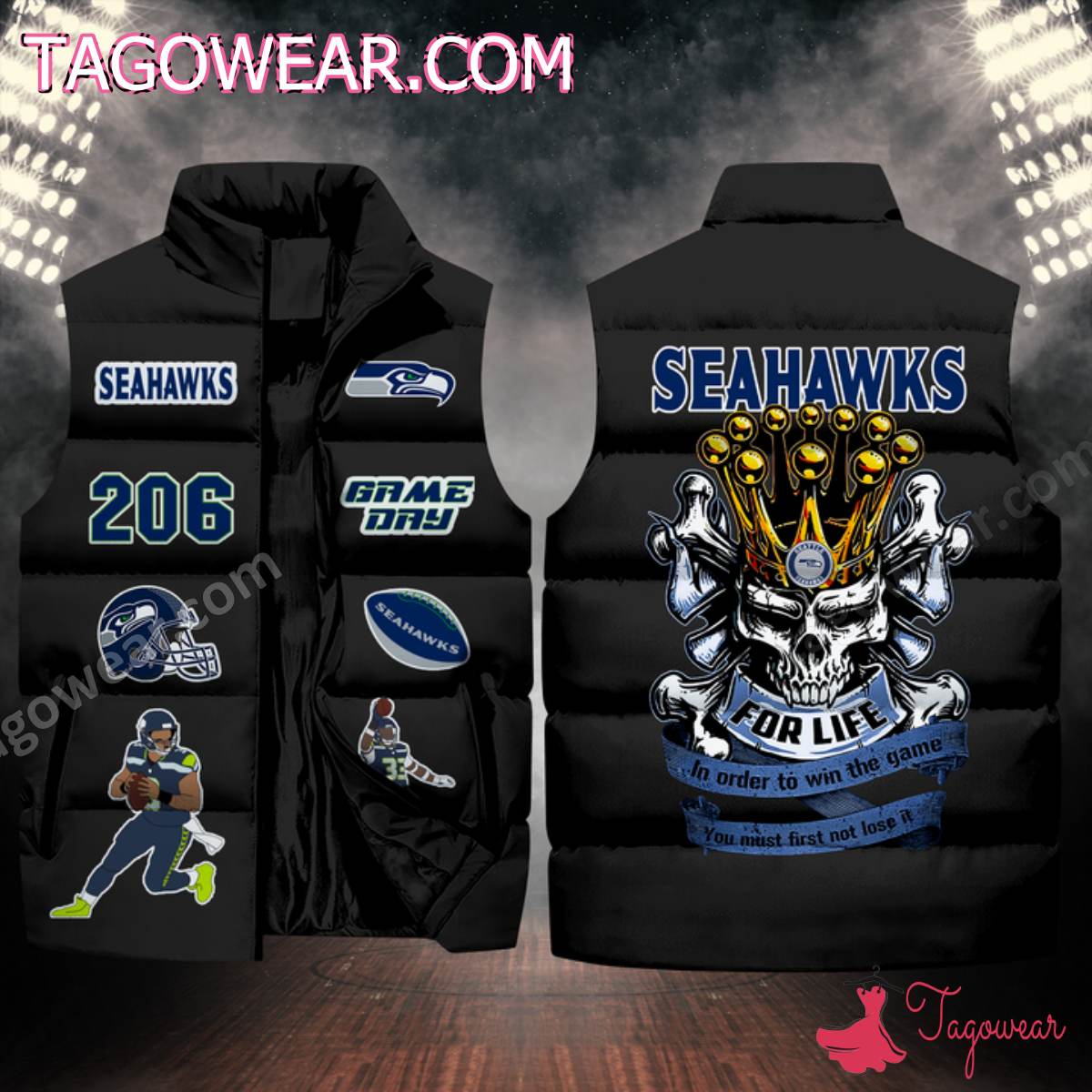 NFL Seattle Seahawks Skull For Life In Order To Win The Game Puffer Sleeveless Jacket