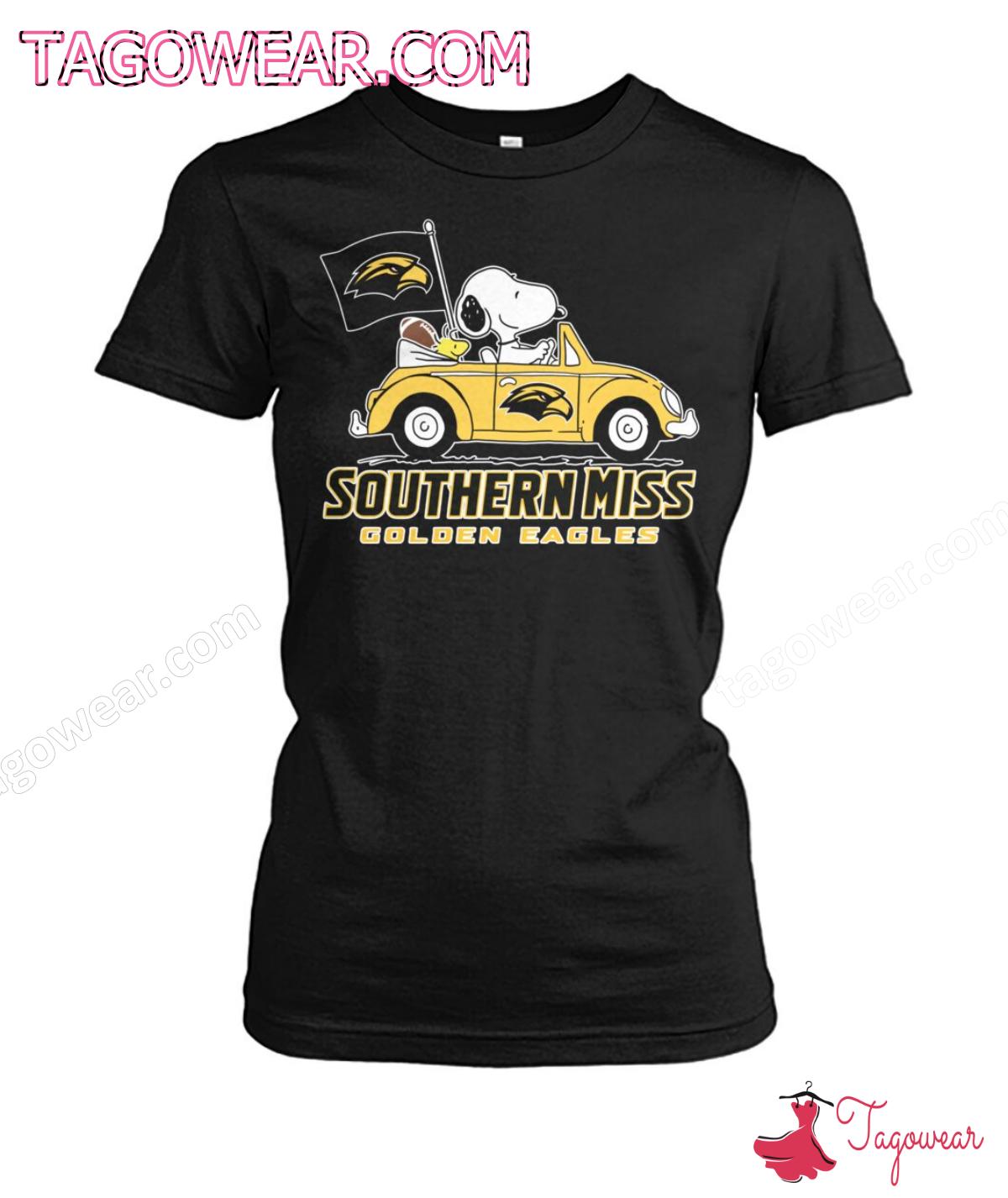 Snoopy And Woodstock Driving Car Southern Miss Golden Eagles Shirt ...