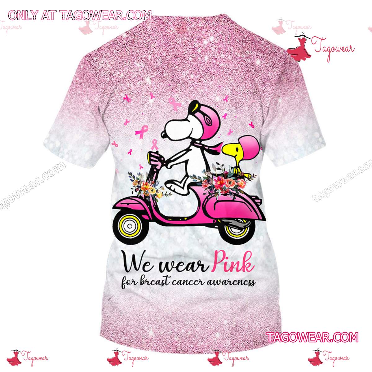 Snoopy And Woodstock On A Motorcycle We Wear Pink For Breast Cancer Awareness 3d Shirt a