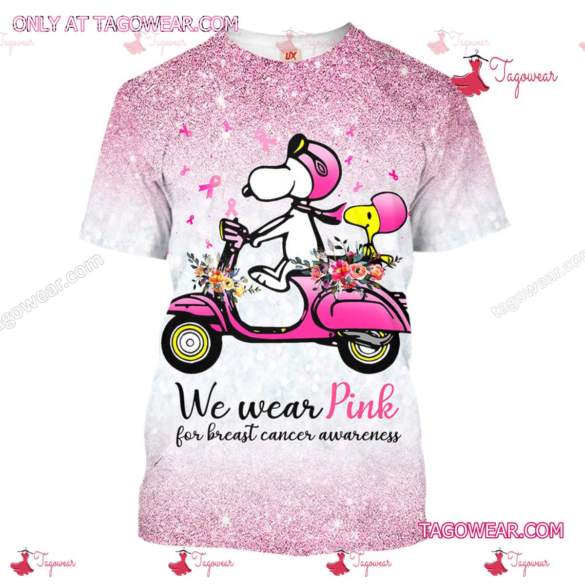 Snoopy And Woodstock On A Motorcycle We Wear Pink For Breast Cancer Awareness 3d Shirt