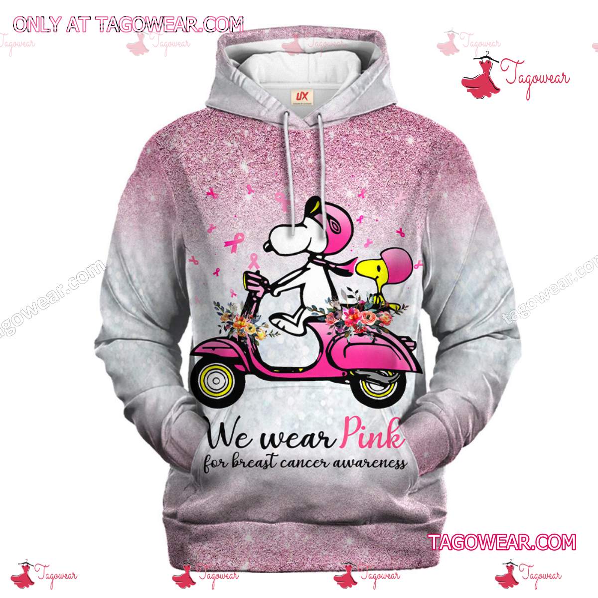 Snoopy And Woodstock On A Motorcycle We Wear Pink For Breast Cancer Awareness Hoodie