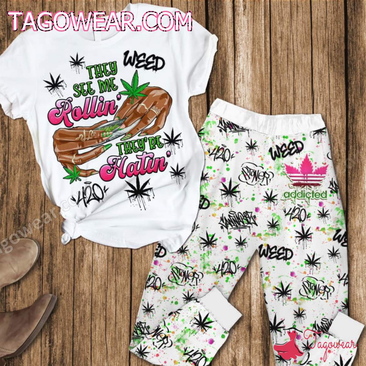 They See Me Rollin' They Hatin' Weed 420 Addicted Pajamas Set