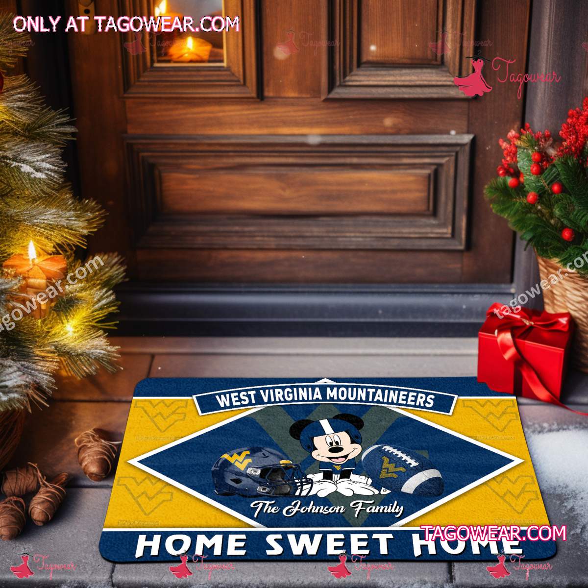 West Virginia Mountaineers Mickey Home Sweet Home Personalized Doormat