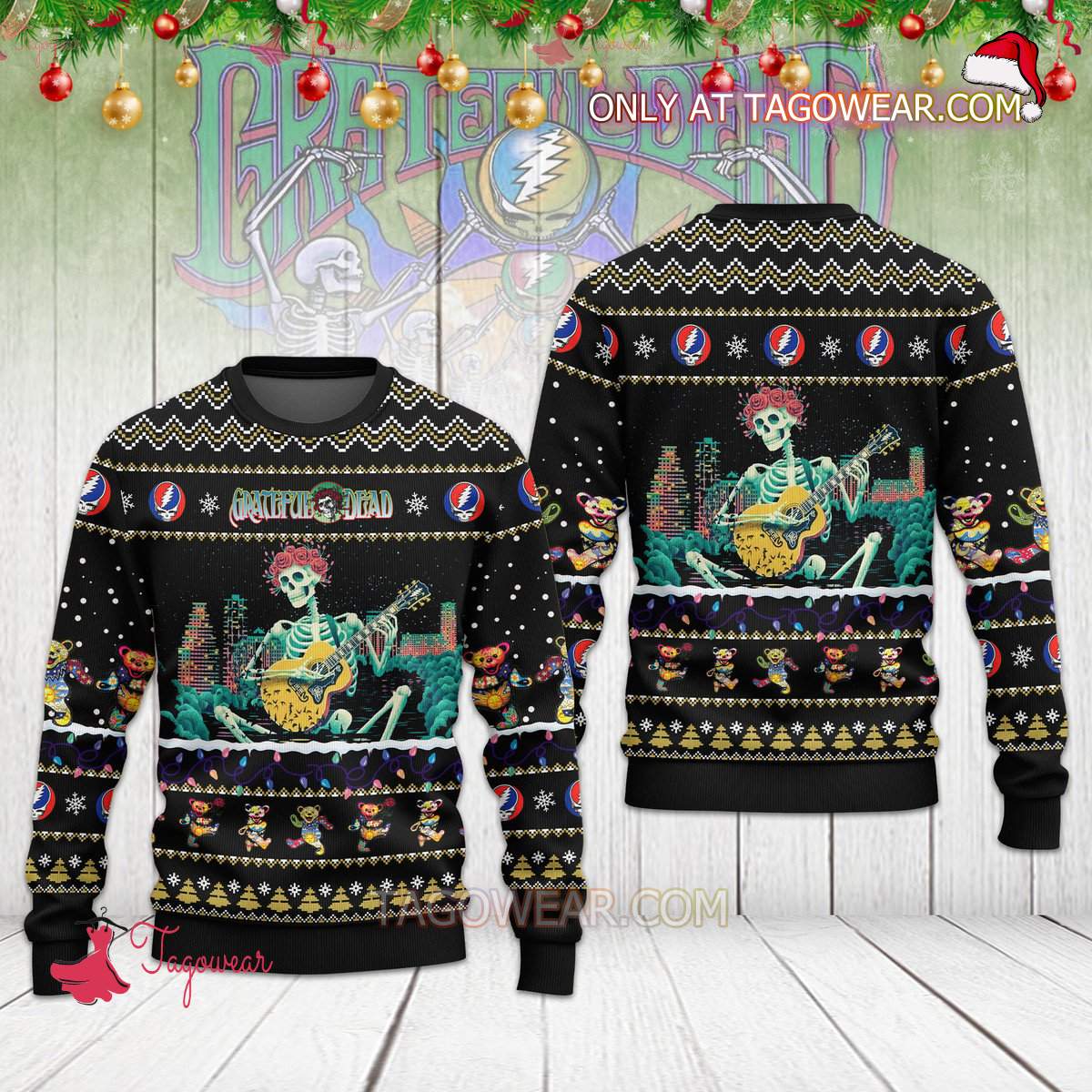Grateful Dead Skull Playing Guitar Christmas Sweater