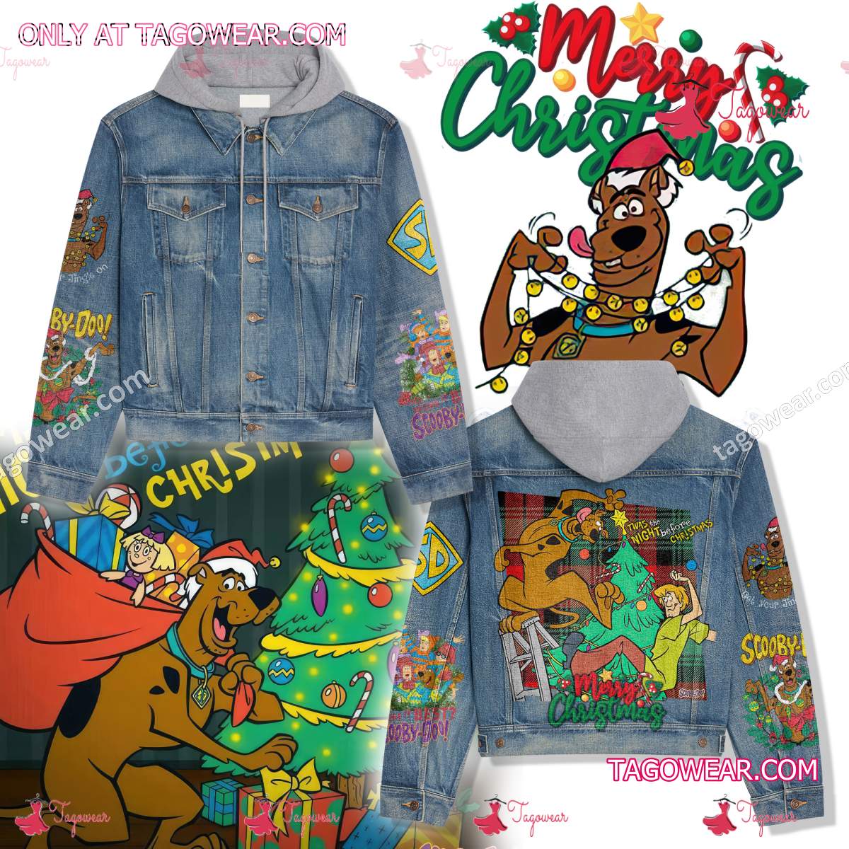 Scooby-doo Twas The Night Before Christmas Merry Christmas Jean Jacket Hoodie