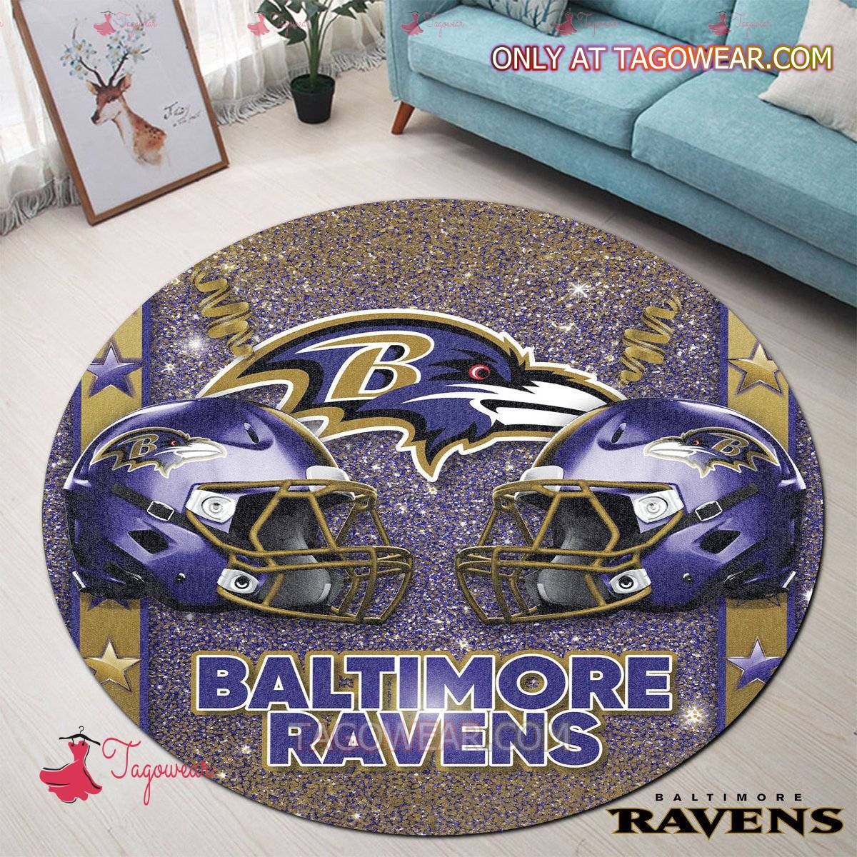 Baltimore Ravens Helmets Glitter Round Rug