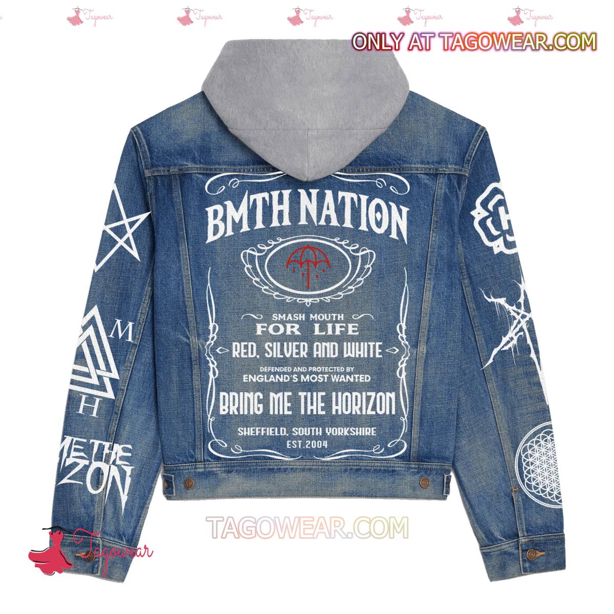 Bring Me The Horizon Nation Smash Mouth For Life Red Silver And White Jean Hoodie Jacket b
