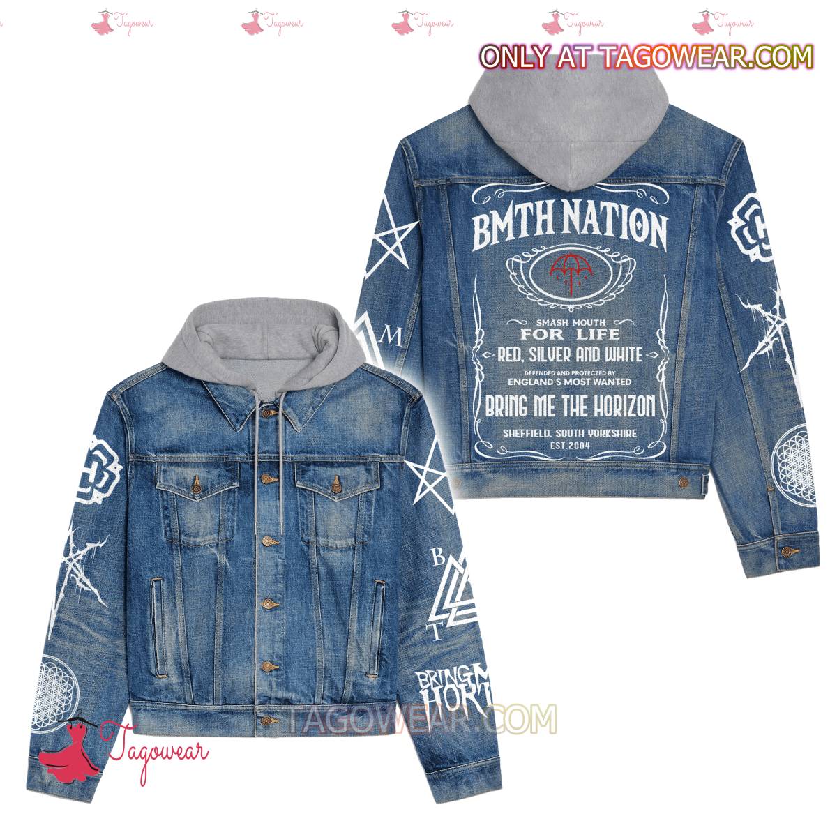 Bring Me The Horizon Nation Smash Mouth For Life Red Silver And White Jean Hoodie Jacket