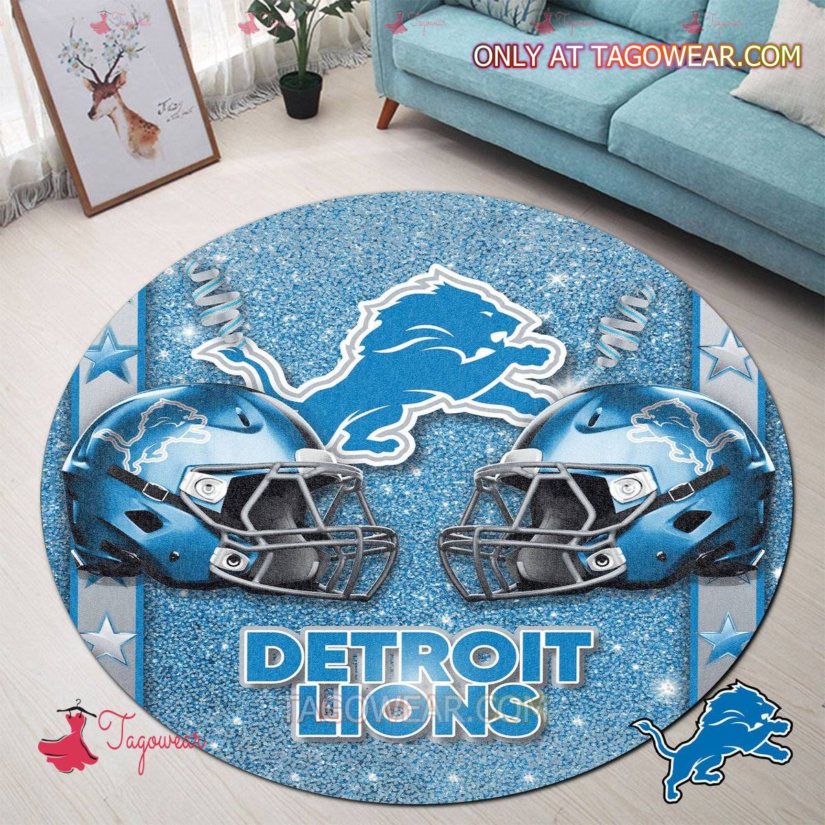 Detroit Lions Helmets Glitter Round Rug