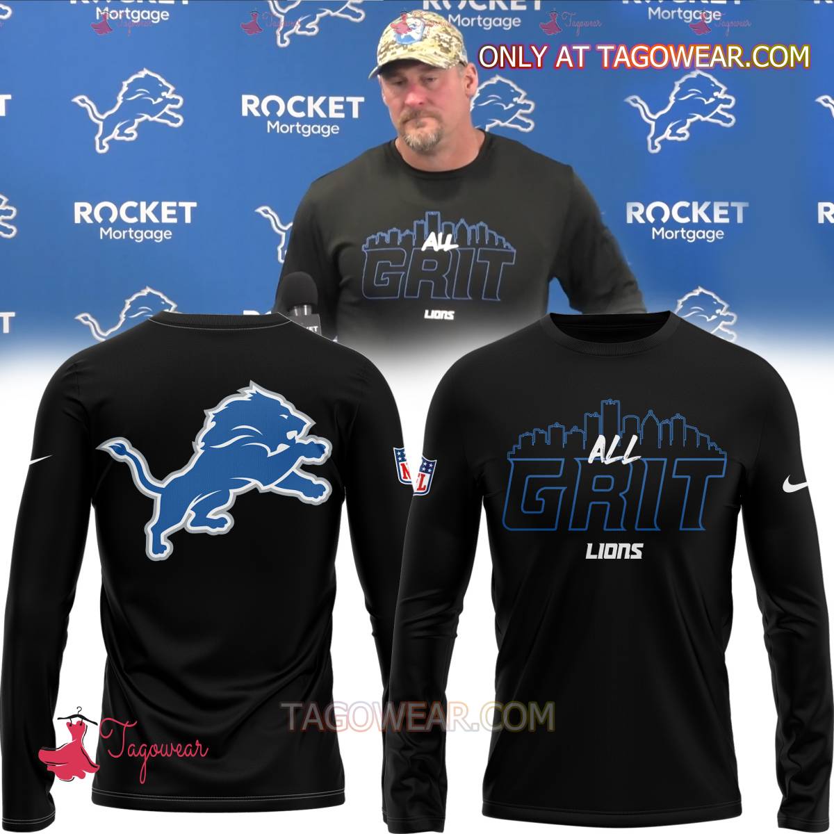 Detroit Lions Nfl 2024 All Grit City Skyline Long Sleeve Shirt