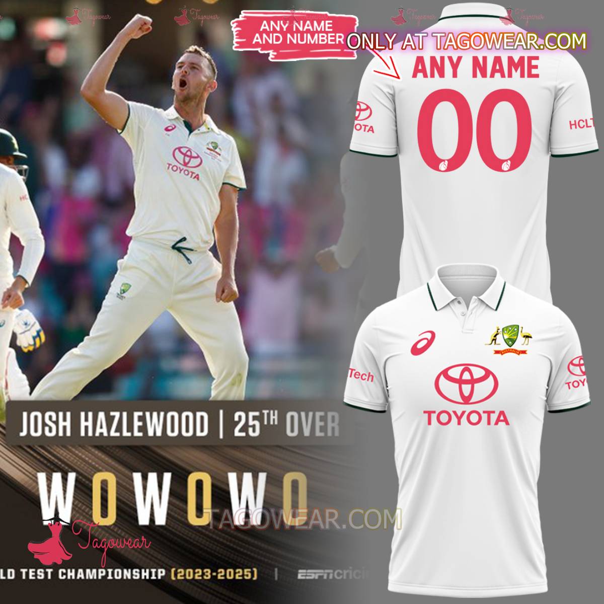 Hazlewood Pink Test Mcgrath Australian Men’s Cricket Team Personalized Polo Shirt