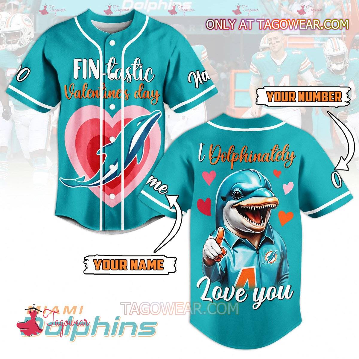 Miami Dolphins Fin-tastic Valentine's Day Personalized Baseball Jersey