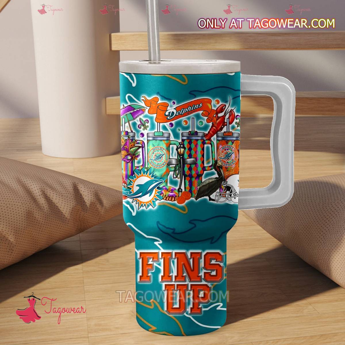 Miami Dolphins Fins Up Go Fins 40oz Tumbler With Handle b