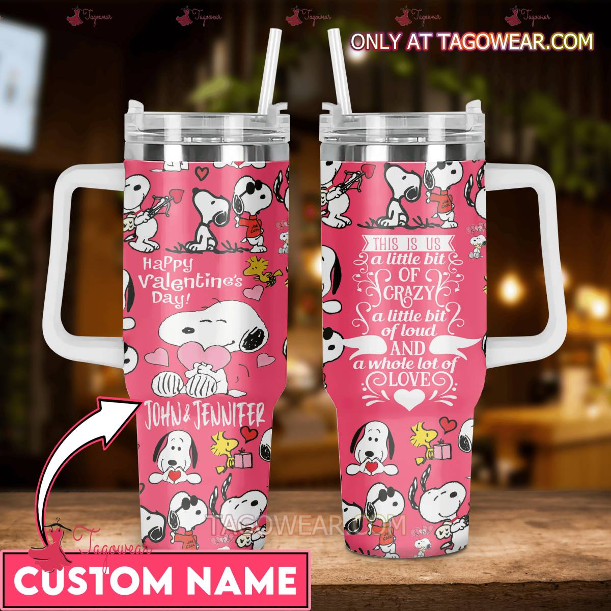 Snoopy Happy Valentine's Day Personalized Couple 40 Oz Tumbler With Handle