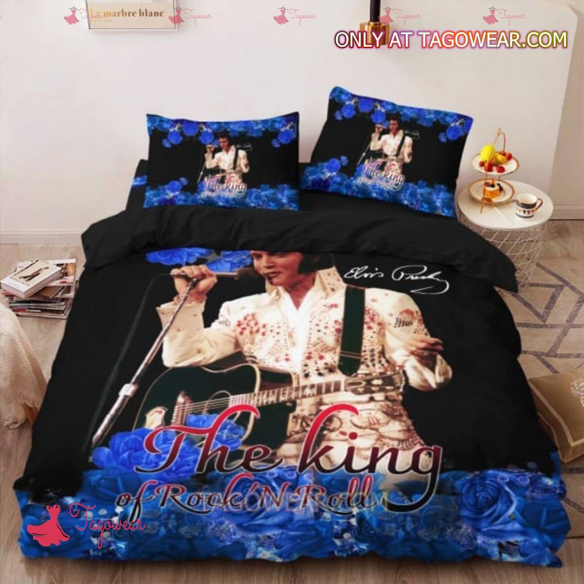 The King Of Rock 'n Roll Elvis Presley Signatures Blue Roses Bedding Set a