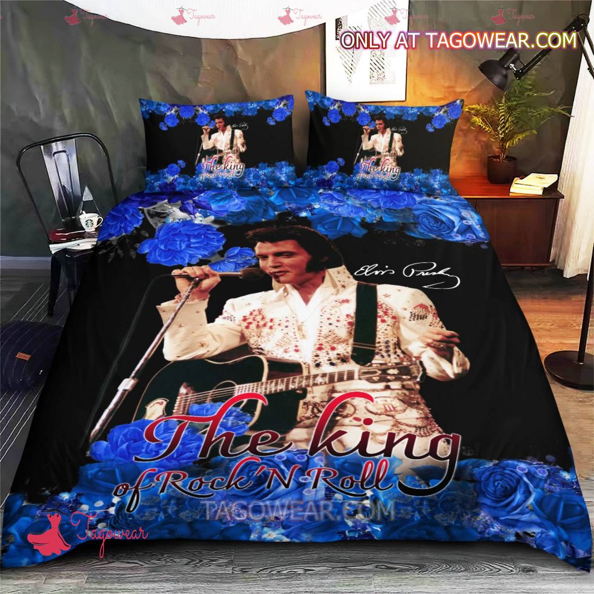 The King Of Rock 'n Roll Elvis Presley Signatures Blue Roses Bedding Set