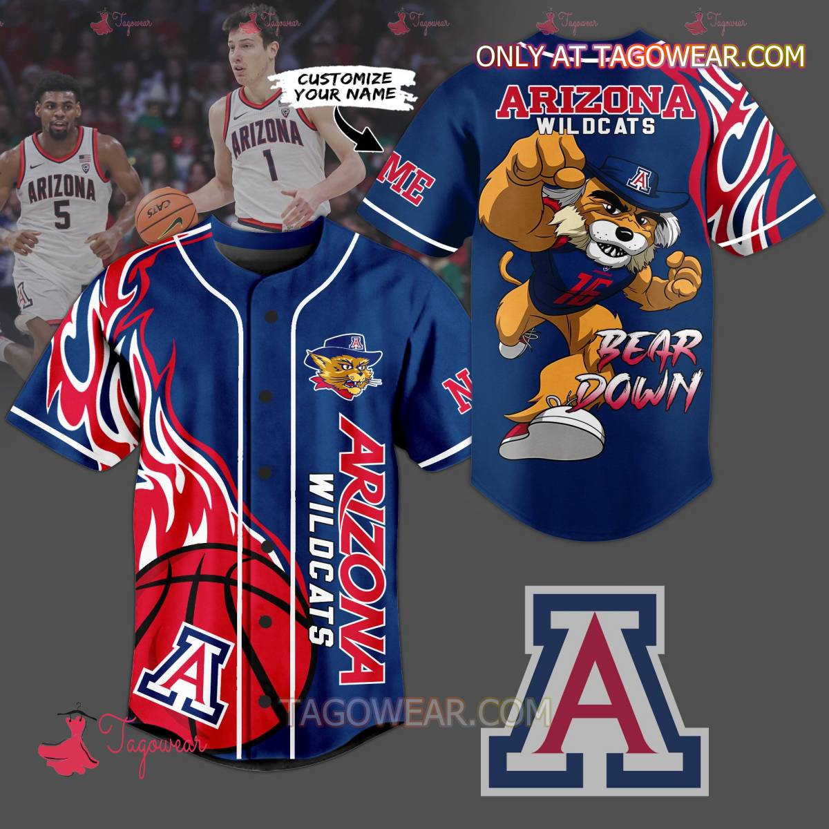 Arizona Wildcats Bear Down Fire Ball Personalized Baseball Jersey