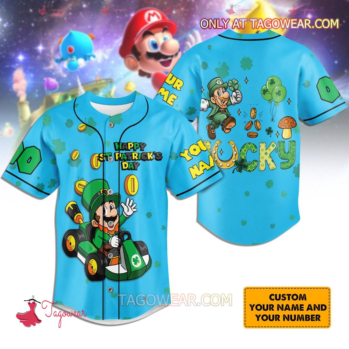 Mario Happy St. Patrick's Day Lucky Personalized Baseball Jersey