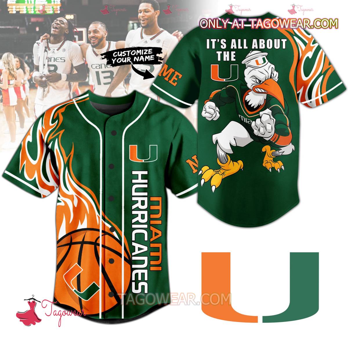 Miami Hurricanes It's All About The U Fire Ball Personalized Baseball Jersey
