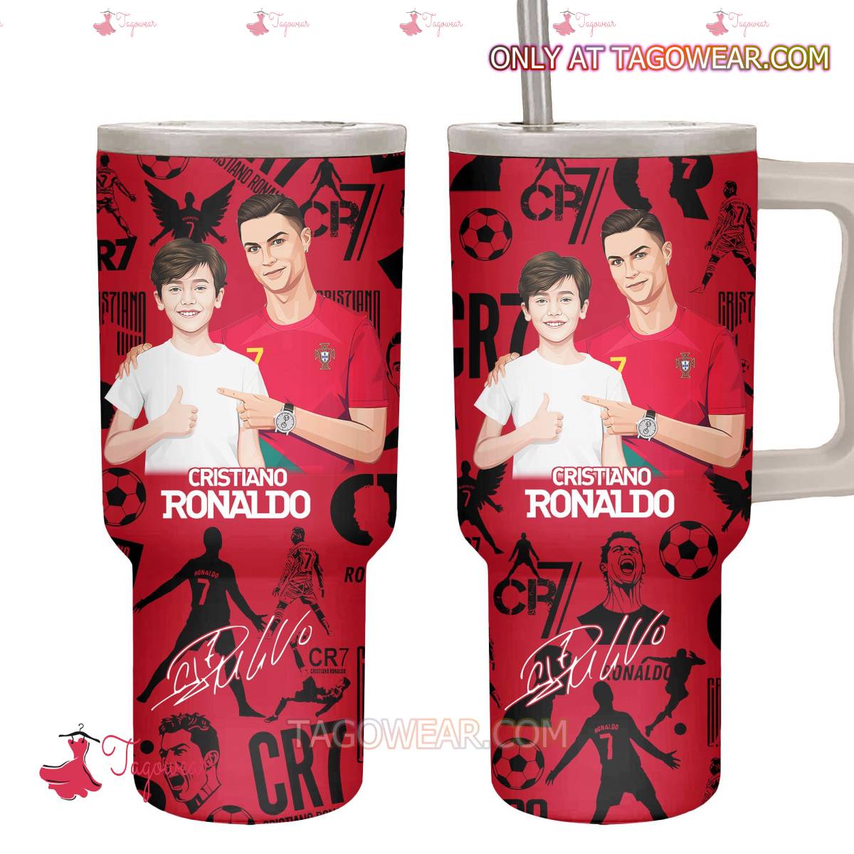 Cristiano Ronaldo With Fan Signature Personalized Photo 40oz Tumbler With Handle a
