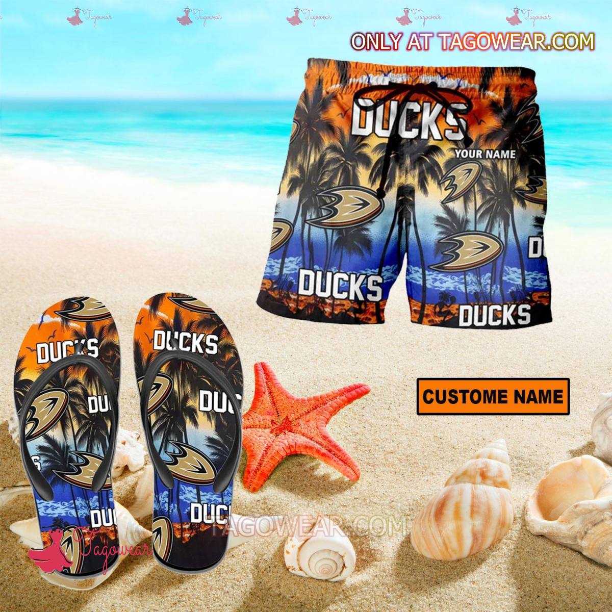 Anaheim Ducks NHL Tropical Color Mix Personalized Beach Shorts And Flip Flops