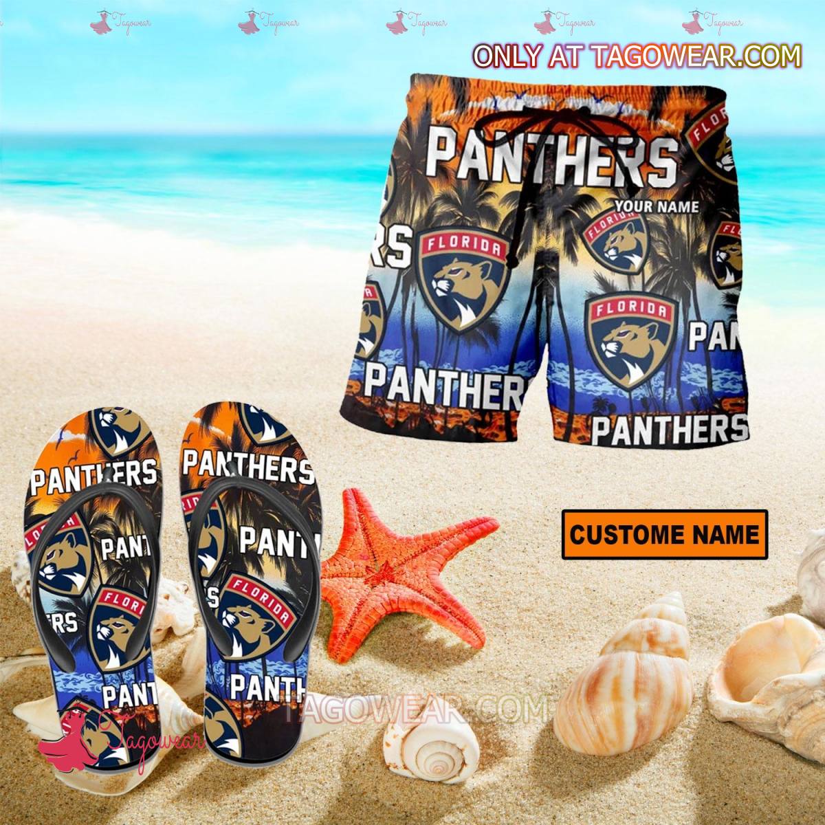 Florida Panthers NHL Tropical Color Mix Personalized Beach Shorts And Flip Flops